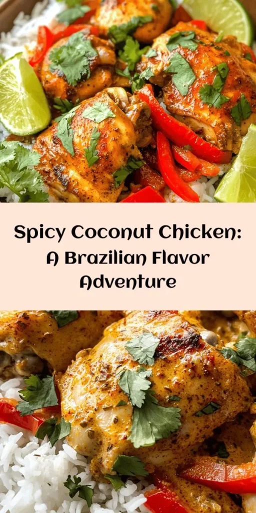 Discover the flavors of Brazil with this spicy Brazilian coconut chicken recipe! This dish features succulent chicken thighs marinated in a zesty blend of lime, cumin, and turmeric, then simmered in creamy coconut milk with vibrant red peppers and fresh chilies for a kick of heat. Serve it over fluffy rice and finish with a sprinkle of cilantro for an irresistible meal. Perfect for family dinners or impressing guests with a taste of tropical goodness!
