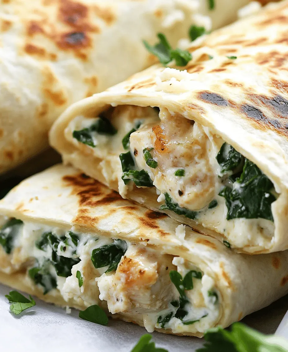 In recent years, wraps have surged in popularity, becoming a beloved meal option for people of all ages. Their versatility allows for a wide range of fillings, making them perfect for any time of day—whether you're in need of a quick lunch, a hearty dinner, or even a satisfying snack. Among the myriad of wrap options, <strong>Cheesy Garlic Chicken Wraps</strong> stand out as a delicious and easy recipe that beautifully combines savory flavors with creamy textures. This dish captures the essence of comfort food while remaining simple enough for even novice cooks to recreate.” /></p>
</p>
<h3>Visual Guide for Portioning the Filling</h3>
</p>
<p>When it comes to assembling your Cheesy Garlic Chicken Wraps, portion control is key to achieving a balanced and tasty wrap. Start by measuring out approximately 1/2 cup of the chicken filling for each wrap. This ensures that you have enough filling without overwhelming the tortilla, which can lead to messy wraps. If you find yourself with extra filling, consider saving it for another meal or serving it over rice or pasta for a quick dinner.</p>
</p>
<p>To visually guide you, think about using a standard measuring cup or a small ice cream scoop to portion the filling. This method offers consistency in each wrap, giving everyone a satisfying bite filled with cheesy garlic goodness.</p>
</p>
<h3>Suggestions for Customizing the Wraps with Additional Ingredients</h3>
</p>
<p>One of the great things about Cheesy Garlic Chicken Wraps is their versatility. While the base recipe is delicious on its own, don’t hesitate to add your favorite ingredients to personalize your wraps. Here are a few ideas to get you started:</p>
</p>
<p>– <strong>Vegetables</strong>: Consider adding fresh spinach, diced tomatoes, bell peppers, or even sautéed mushrooms for extra nutrition and flavor.</p>
<p>– <strong>Cheese Varieties</strong>: Swap the mozzarella for pepper jack for a spicy kick or use a sharp cheddar for a different flavor profile.</p>
<p>– <strong>Herbs and Spices</strong>: Fresh herbs like basil or cilantro can introduce a fresh note, while spices such as smoked paprika or cayenne pepper can elevate the flavor.</p>
<p>– <strong>Proteins</strong>: For a heartier wrap, add cooked bacon bits or substitute the chicken with shredded pork or beef.</p>
</p>
<h3>Folding and Rolling Technique</h3>
</p>
<p>Properly folding and rolling your wraps is crucial to ensure that the filling remains intact and every bite is packed with flavor. Start by laying the tortilla flat on a clean surface.</p>
</p>
<p>1. <strong>Add the Filling</strong>: Place the measured filling in the center of the tortilla, leaving about an inch of space on each side.</p>
<p>2. <strong>Fold the Sides</strong>: Gently fold the sides of the tortilla inward over the filling.</p>
<p>3. <strong>Roll from the Bottom</strong>: Starting from the bottom (the side closest to you), roll the tortilla away from you, tucking in the filling as you go to create a tight wrap.</p>
<p>4. <strong>Seal the Edge</strong>: Once fully rolled, you can use a little spread of the garlic butter or a drop of water to seal the edge of the tortilla.</p>
</p>
<p>This technique helps to keep all the delicious ingredients inside while cooking, preventing any spills or messes.</p>
</p>
<h3>Searing the Wraps</h3>
</p>
<p>Searing the wraps is the final step that brings everything together. It not only warms the filling through but also creates that coveted golden brown exterior.</p>
</p>
<p>– <strong>Preheat Your Skillet</strong>: Use a non-stick skillet or griddle and heat it over medium heat. If you have a larger skillet, you can cook multiple wraps at once, adjusting the cooking time accordingly to ensure they all get that beautiful golden color.</p>
<p>– <strong>Cooking Time</strong>: Cook each side of the wrap for about 3-4 minutes, or until you see a nice crisp. If using a smaller skillet, you may need to do this in batches, ensuring each wrap is adequately heated.</p>
<p>– <strong>Adjusting Cooking Times</strong>: Keep in mind that thicker wraps or those filled with more ingredients may require a slightly longer cooking time. Monitor closely to avoid burning.</p>
</p>
<h3>Adding the Parmesan Topping</h3>
</p>
<p>For the final touch, sprinkle some grated Parmesan cheese over the wraps during the last minute of cooking. This addition elevates the flavor profile and adds a delightful crispiness as the cheese melts and browns on the surface.</p>
</p>
<p>To ensure even distribution, use a fine grater and sprinkle the cheese generously but evenly across the wraps. This not only enhances the taste but also makes for an appealing presentation.</p>
</p>
<h3>Serving Suggestions for Cheesy Garlic Chicken Wraps</h3>
</p>
<p>These Cheesy Garlic Chicken Wraps are perfect for any occasion, whether it’s a casual family dinner or a gathering with friends. Here are some serving suggestions to elevate your meal:</p>
</p>
<p>– <strong>Dipping Sauces</strong>: Offer a variety of dipping sauces to complement the wraps. Classic choices include ranch dressing for a creamy touch, marinara sauce for a tangy kick, or a homemade garlic aioli for an extra layer of flavor.</p>
<p>– <strong>Pairing Ideas</strong>: To make a complete meal, consider serving the wraps with light side dishes such as a fresh garden salad, roasted vegetables, or a hearty soup. A side of sweet potato fries can also add a satisfying crunch.</p>
<p>– <strong>Presentation Tips</strong>: When serving at gatherings, slice the wraps in half diagonally and arrange them on a platter. Garnish with fresh herbs or a sprinkle of extra Parmesan for visual appeal. You can even provide small bowls of sauces for guests to dip as they please.</p>
</p>
<h3>Nutritional Information</h3>
</p>
<p>Understanding the nutritional value of your Cheesy Garlic Chicken Wraps can help you make informed choices about your meals. Here’s a general overview of what you can expect:</p>
</p>
<p>– <strong>Protein Content</strong>: Each wrap contains approximately 25 grams of protein, making it a filling option for lunch or dinner.</p>
<p>– <strong>Calorie Count</strong>: Depending on the ingredients and portion sizes, each wrap typically ranges from 350-450 calories.</p>
<p>– <strong>Macronutrient Breakdown</strong>: Expect a good balance of carbohydrates, proteins, and fats, particularly if you choose whole grain tortillas and lean chicken.</p>
</p>
<p>For those with specific dietary needs, the recipe can be modified:</p>
<p>– <strong>Gluten-Free</strong>: Use gluten-free tortillas or lettuce wraps for a low-carb option.</p>
<p>– <strong>Low-Fat</strong>: Opt for low-fat cheese and reduce the amount of butter used in cooking.</p>
</p>
<h3>Variations and Customizations</h3>
</p>
<p>The beauty of Cheesy Garlic Chicken Wraps lies in their adaptability. Here are some ideas for variations that cater to different dietary preferences:</p>
</p>
<p>– <strong>Vegetarian Versions</strong>: Replace the chicken with black beans, lentils, or crumbled tofu sautéed with garlic for a hearty vegetarian option.</p>
<p>– <strong>Spice It Up</strong>: Experiment with different herbs and spices, such as oregano, thyme, or even chili flakes, to customize the flavor to your liking.</p>
<p>– <strong>Seasonal Variations</strong>: Take advantage of seasonal produce by adding vegetables that are currently in season, like zucchini in the summer or roasted butternut squash in the fall.</p>
</p>
<h3>Conclusion</h3>
</p>
<p>In summary, Cheesy Garlic Chicken Wraps are an uncomplicated yet delicious option for any meal. Their adaptability makes them perfect for customization, allowing you to explore various flavors and ingredients that suit your preferences.</p>
</p>
<p>Encouraging you to try this recipe is an invitation to embrace the joy of cooking and sharing homemade meals with family and friends. With simple steps and a range of serving ideas and variations, these wraps can become a staple in your culinary repertoire.</p>
</p>
<p>So gather your ingredients, roll up your sleeves, and get ready to enjoy the delightful experience of creating and savoring Cheesy Garlic Chicken Wraps!</p>
<div id=