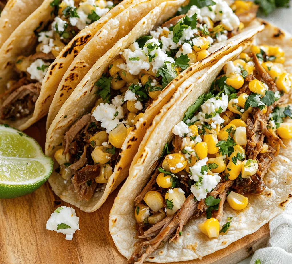 Tacos are more than just a meal; they are a celebration of flavor, texture, and culture that encapsulates the spirit of Mexican cuisine. Among the myriad of taco variations, <strong>Braised Brisket Tacos with Street Corn and Jalapeño Lime Ranch</strong> stand out for their robust flavors and satisfying textures. The tender, slow-cooked brisket pairs beautifully with the sweetness of street corn, while the creamy, zesty jalapeño lime ranch dressing adds a refreshing kick. This dish not only showcases the rich culinary traditions of Mexico but also highlights the love for bold and vibrant flavors.” /></p>
</p>
<h3>Braised Brisket Tacos with Street Corn and Jalapeño Lime Ranch</h3>
</p>
<h4>Braising Time and Temperature for Optimal Tenderness</h4>
</p>
<p>Braising is a cooking technique that transforms tough cuts of meat, like brisket, into tender, flavorful dishes through low and slow cooking. For the perfect braised brisket, aim for a temperature around 300°F (150°C). This low heat allows the collagen in the meat to break down gradually, resulting in a melt-in-your-mouth texture.</p>
</p>
<p>The ideal braising time for brisket typically ranges from 3 to 5 hours, depending on the size of your cut. A general rule of thumb is to cook it for about 1 hour per pound. If you’re using a larger brisket, consider checking it for tenderness after the first 4 hours. The brisket is done when it can be easily shredded with a fork, indicating that the connective tissues have fully broken down.</p>
</p>
<h4>Crafting the Street Corn</h4>
</p>
<p>Street corn, or elote, is a delightful addition to your tacos that brings a burst of flavor and texture. You can cook corn using two primary methods: grilling or boiling.</p>
</p>
<p><strong>Grilling vs. Boiling: Pros and Cons</strong></p>
</p>
<p>– <strong>Grilling</strong>:</p>
<p>– *Pros*: Grilling adds a smoky flavor and char that enhances the corn’s sweetness. It also creates beautiful grill marks, making it visually appealing.</p>
<p>– *Cons*: It requires more attention and can lead to uneven cooking if not monitored closely.</p>
</p>
<p>– <strong>Boiling</strong>:</p>
<p>– *Pros*: Boiling is straightforward and ensures even cooking. It’s less hands-on, allowing you to focus on other parts of the meal.</p>
<p>– *Cons*: Boiling can dilute the corn’s natural flavor and sweetness if not seasoned properly.</p>
</p>
<p>Ultimately, the choice between these methods comes down to personal preference and available equipment.</p>
</p>
<p><strong>Mixing the Street Corn Ingredients</strong></p>
</p>
<p>Once your corn is cooked, it’s time to mix in the other ingredients that elevate the dish. For the street corn, you will typically need:</p>
</p>
<p>– Mayonnaise</p>
<p>– Cotija cheese</p>
<p>– Fresh lime juice</p>
<p>– Chili powder</p>
<p>– Fresh cilantro</p>
</p>
<p><strong>How Each Ingredient Complements the Sweet Corn</strong></p>
</p>
<p>– <strong>Mayonnaise</strong>: Adds creaminess and richness, binding the other ingredients to the corn.</p>
<p>– <strong>Cotija Cheese</strong>: This crumbly cheese provides a salty contrast to the sweet corn, enhancing its natural flavors.</p>
<p>– <strong>Fresh Lime Juice</strong>: The acidity of lime brightens the dish, cutting through the richness of the mayonnaise and cheese.</p>
<p>– <strong>Chili Powder</strong>: Offers a spicy kick that pairs beautifully with the sweetness of the corn.</p>
<p>– <strong>Fresh Cilantro</strong>: Adds a fresh, herbaceous note, balancing the richness and spice.</p>
</p>
<p><strong>Serving Suggestions and Presentation Ideas for Street Corn</strong></p>
</p>
<p>To serve the street corn, consider placing it in a small bowl or on a platter lined with parchment paper. For added flair, sprinkle additional cotija cheese and chili powder on top and garnish with lime wedges. This not only enhances the presentation but also allows guests to customize their tacos with extra toppings.</p>
</p>
<h4>Making the Jalapeño Lime Ranch</h4>
</p>
<p>A creamy jalapeño lime ranch dressing brings a refreshing contrast to the robust flavors of the brisket and street corn.</p>
</p>
<p><strong>Step-by-Step Preparation of the Ranch Dressing</strong></p>
</p>
<p>1. In a mixing bowl, combine:</p>
<p>– 1 cup of sour cream</p>
<p>– 1/2 cup of mayonnaise</p>
<p>– The juice of one lime</p>
<p>– 1-2 finely chopped jalapeños (adjust based on desired heat level)</p>
<p>– 1 teaspoon of garlic powder</p>
<p>– Salt and pepper to taste</p>
</p>
<p>2. Whisk all ingredients together until smooth and well incorporated.</p>
</p>
<p><strong>Importance of Allowing Flavors to Meld by Refrigerating</strong></p>
</p>
<p>After mixing, it’s best to refrigerate the jalapeño lime ranch for at least 30 minutes. This resting period allows the flavors to meld, resulting in a more harmonious and flavorful dressing. The coolness of the ranch dressing will also provide a pleasant contrast to the warm tacos.</p>
</p>
<p><strong>How to Adjust the Heat Level Based on Personal Preference</strong></p>
</p>
<p>If you prefer a milder ranch, use only one jalapeño or remove the seeds and membranes before chopping. For those who enjoy a spicier kick, consider adding a dash of hot sauce or a pinch of cayenne pepper for an extra layer of heat.</p>
</p>
<h4>Assembling the Tacos</h4>
</p>
<p>The assembly of your tacos is where all your hard work pays off. Follow these steps for the best texture and presentation.</p>
</p>
<p><strong>Guidance on Warming Tortillas for the Best Texture</strong></p>
</p>
<p>Start by warming your tortillas to enhance their flavor and pliability. You can do this by:</p>
</p>
<p>– <strong>Stovetop</strong>: Heat a skillet over medium heat and warm each tortilla for about 30 seconds on each side until they are soft and slightly charred.</p>
<p>– <strong>Oven</strong>: Wrap a stack of tortillas in aluminum foil and place them in a preheated oven at 350°F (175°C) for about 10-15 minutes.</p>
</p>
<p>Warm tortillas will hold the filling better and provide a more enjoyable eating experience.</p>
</p>
<p><strong>Layering the Brisket, Street Corn, and Jalapeño Lime Ranch</strong></p>
</p>
<p>Now that your tortillas are warm, it’s time to layer your ingredients. Start with a generous portion of braised brisket, followed by a scoop of street corn. Drizzle the jalapeño lime ranch over the top, ensuring every bite will be packed with flavor.</p>
</p>
<p><strong>Ideas for Garnishing and Serving Suggestions</strong></p>
</p>
<p>Finish off your tacos with fresh garnishes, such as:</p>
</p>
<p>– Chopped cilantro</p>
<p>– Diced red onions</p>
<p>– Slices of fresh avocado</p>
</p>
<p>Serve your tacos with lime wedges on the side for an extra burst of freshness.</p>
</p>
<h4>Nutritional Information</h4>
</p>
<p>When enjoying Braised Brisket Tacos, it’s essential to consider their nutritional profile:</p>
</p>
<p>– <strong>Caloric Breakdown</strong>: Each taco, including brisket, street corn, and ranch, is approximately 350-400 calories, depending on portion sizes and specific ingredient choices.</p>
<p>– <strong>Nutritional Benefits</strong>:</p>
<p>– <strong>Brisket</strong>: A good source of protein and essential nutrients like iron and zinc.</p>
<p>– <strong>Corn</strong>: Provides dietary fiber, vitamins (like B vitamins), and antioxidants.</p>
<p>– <strong>Jalapeños</strong>: Offer vitamin C and capsaicin, which may have health benefits.</p>
</p>
<p><strong>Suggestions on Balancing the Meal with Sides or Beverages</strong></p>
</p>
<p>To create a well-rounded meal, consider pairing your tacos with a side of black beans or a simple green salad. These options will add fiber and nutrients to your meal without overwhelming the taco’s bold flavors.</p>
</p>
<h4>Pairing Suggestions</h4>
</p>
<p><strong>Beverage Pairings that Complement the Flavors</strong></p>
</p>
<p>Pairing your tacos with the right beverage can enhance the overall dining experience:</p>
</p>
<p>– <strong>Mexican Beers</strong>: Light lagers, such as Corona or Modelo, provide a refreshing complement to the richness of the brisket.</p>
<p>– <strong>Cocktails</strong>: Consider serving margaritas (classic lime or fruity variations) for a zesty pairing or a paloma for a refreshing citrus twist.</p>
</p>
<p><strong>Ideal Side Dishes to Serve Alongside the Tacos for a Complete Meal Experience</strong></p>
</p>
<p>For a complete meal experience, serve your tacos with:</p>
</p>
<p>– <strong>Refried Beans</strong>: Creamy and flavorful, they are a classic Mexican side.</p>
<p>– <strong>Mexican Street Rice</strong>: Seasoned rice with tomatoes and spices can be a hearty addition.</p>
<p>– <strong>Chips and Salsa</strong>: A crunchy, salty appetizer that pairs well with the fresh flavors of your tacos.</p>
</p>
<h4>Conclusion</h4>
</p>
<p>In conclusion, Braised Brisket Tacos with Street Corn and Jalapeño Lime Ranch are not only a feast for the taste buds but also a celebration of cooking at home. The rich, tender brisket paired with the sweet and zesty street corn, rounded out with a creamy ranch dressing, creates a taco experience that is both satisfying and memorable.</p>
</p>
<p>We encourage you to try this recipe for yourself and share it with friends and family. Cooking and enjoying such meals together can foster connections and create lasting memories. The joy of cooking lies not only in the final dish but also in the process and the shared experience of gathering around the table. Embrace the flavors, enjoy the preparation, and savor every bite of your delicious homemade tacos.</p>
<div id=
