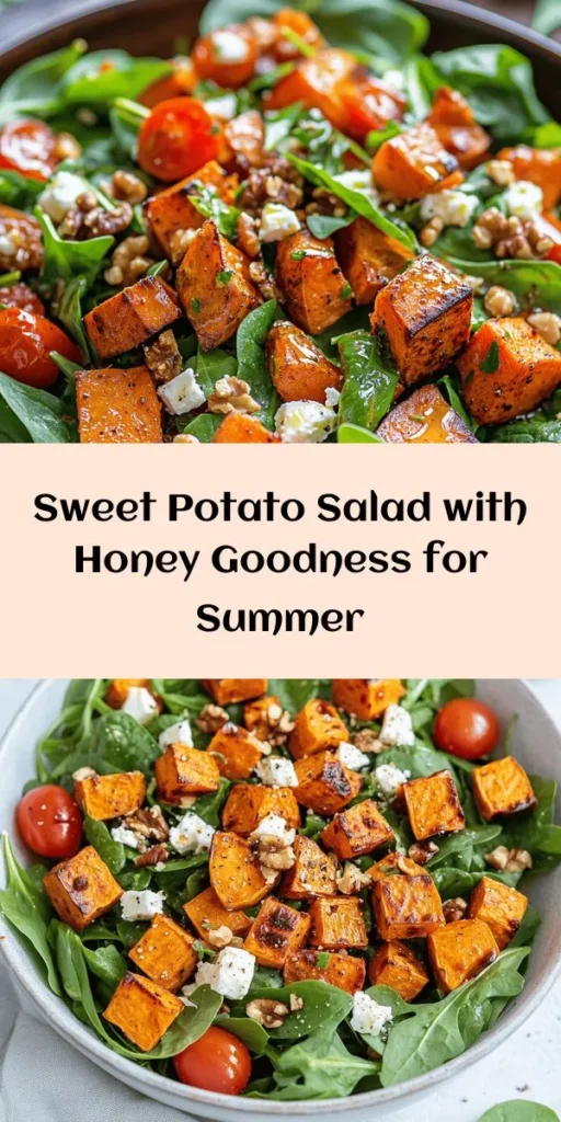 Delight in the vibrant flavors of this Honey Sweet Potato Summer Salad! This easy recipe features roasted sweet potatoes tossed with fresh spinach, arugula, cherry tomatoes, and crunchy walnuts, all drizzled with a honey-lemon dressing. It's the perfect side dish or light meal for warm days. Enjoy the mix of sweetness and savory feta, topped off with your favorite herbs for that extra burst of freshness. Perfect for gatherings or meal prep!