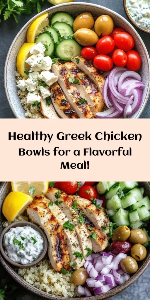 Looking for a delicious and healthy meal? Try these Flavorful Easy Healthy Greek Chicken Bowls! Marinate juicy chicken breasts in olive oil and herbs, grill to perfection, and serve over a bed of fluffy quinoa. Top it all off with a fresh salad of cherry tomatoes, cucumber, red onion, feta, and Kalamata olives. Drizzle with olive oil, garnish with parsley, and squeeze in some lemon for a bright finish. Perfect for meal prep or a family dinner!