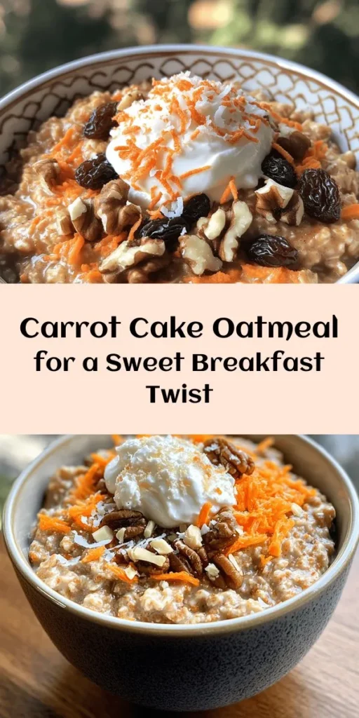 Start your day with a delicious twist on breakfast with this Carrot Cake Oatmeal Delight! Loaded with rolled oats, grated carrot, and warm spices, this cozy dish combines the flavors of carrot cake into a nourishing bowl. Featuring raisins, walnuts, and a touch of sweetness from maple syrup, it’s perfect for anyone craving something unique. Top it with cream cheese and shredded coconut for an extra treat. Quick, easy, and oh-so-satisfying!
