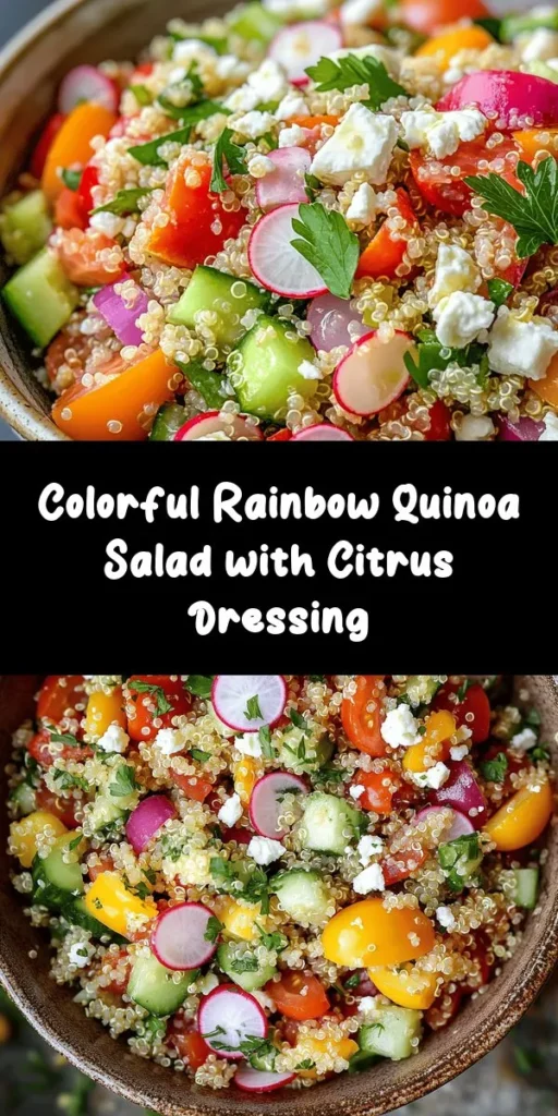 Brighten up your meal routine with this colorful Rainbow Quinoa Salad! Loaded with fresh veggies like cherry tomatoes, cucumbers, and radishes, it's a feast for the eyes and the taste buds. Tossed in a zesty citrus vinaigrette, it's not only healthy but bursting with flavor. Perfect for meal prep or as a side dish at your gatherings. Enjoy this refreshing salad in just 30 minutes, and savor the wholesome goodness with every bite!
