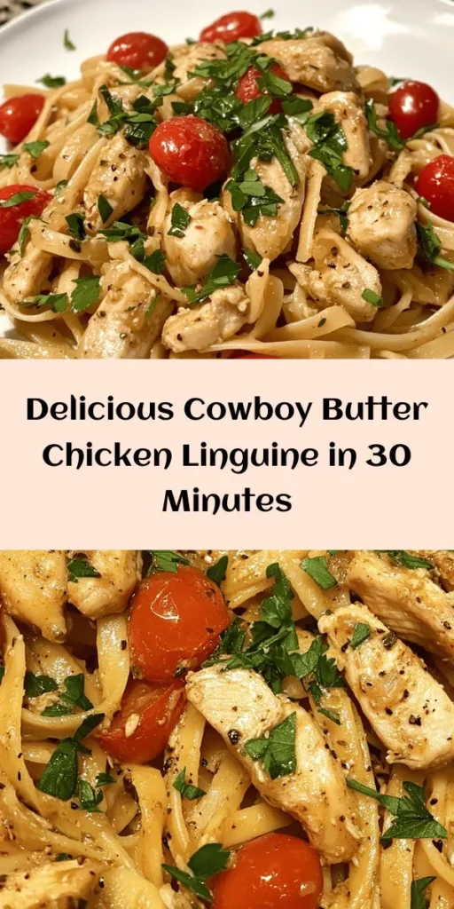 Looking for a delicious and quick meal? Try this Easy Cowboy Butter Chicken Linguine! With tender chicken, vibrant cherry tomatoes, and fresh spinach tossed in a rich butter and garlic sauce, it’s a guaranteed crowd-pleaser. Ready in just 30 minutes, this dish combines comforting flavors with a bit of spice. Serve it up with freshly grated Parmesan and parsley for a restaurant-quality finish. Perfect for busy weeknights or a cozy dinner!