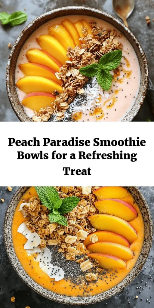 Indulge in a refreshing Peach Paradise Smoothie Bowl that’s perfect for breakfast or a snack! This vibrant bowl combines ripe peaches, a frozen banana, creamy Greek yogurt, and almond milk for a luscious texture. Top it off with crunchy granola, fresh peach slices, chia seeds, shredded coconut, and mint leaves for an extra burst of flavor. Quick to make in just 10 minutes, it’s a healthy treat that will brighten your day. Enjoy this peachy delight!