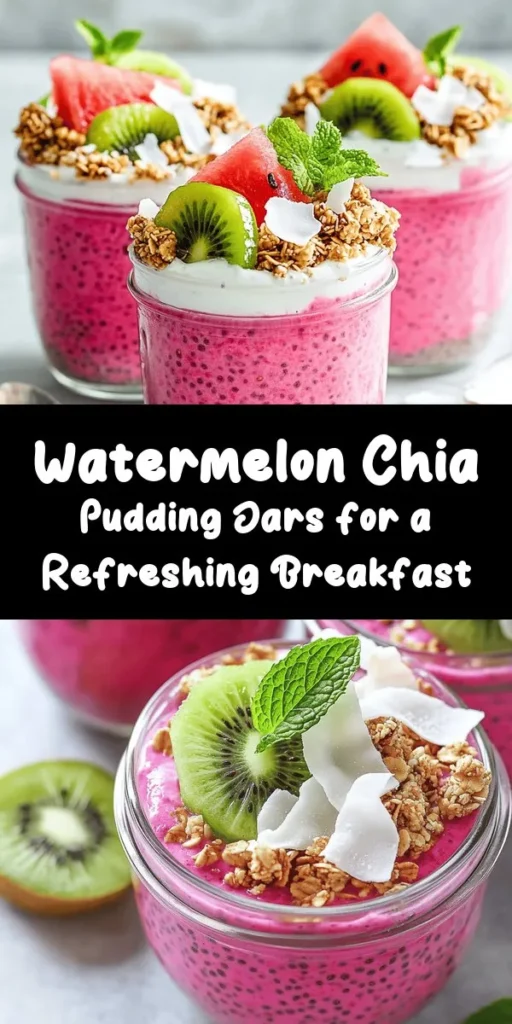 Start your day with a burst of freshness with this Watermelon Chia Pudding Breakfast Jar! Made with cubed watermelon, creamy almond milk, and nutritious chia seeds, it's an easy blend of health and flavor. Sweeten it to your taste with maple syrup or honey, and enjoy the vibrant layers topped with kiwi, coconut flakes, or granola. Perfect for a refreshing breakfast or snack, this recipe takes just 10 minutes to prep and is best enjoyed chilled. Dive into this healthy treat today!