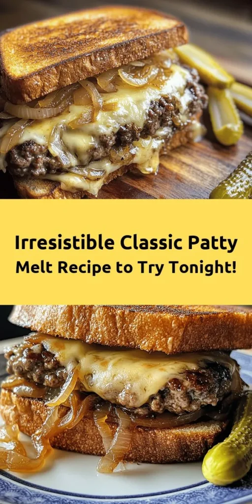 Savor the mouthwatering goodness of this Classic Patty Melt Delight! Juicy beef patties are perfectly cooked and topped with melty Swiss cheese and sweet caramelized onions, all nestled between crispy rye bread. This delicious sandwich is easy to make and perfect for a quick weeknight dinner or a tasty lunch. Add pickles on the side for a tangy crunch that complements the rich flavors. Enjoy a comforting meal that's ready in just 30 minutes!