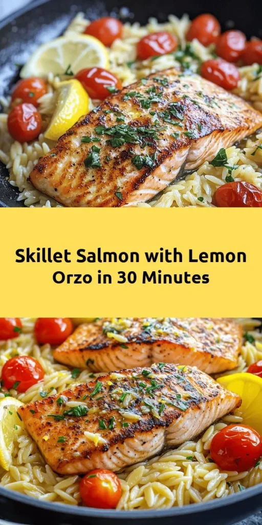 Elevate your weeknight dinner with this One Skillet Salmon with Lemon Orzo recipe! This delightful dish combines tender salmon fillets with zesty lemon orzo, sautéed onions, and cherry tomatoes, all cooked in one pan for easy cleanup. Ready in just 30 minutes, it’s perfect for busy evenings. Add optional spinach for extra greens, and don’t forget to garnish with fresh parsley. Healthy, delicious, and hassle-free—your family will love it! 🍋🐟