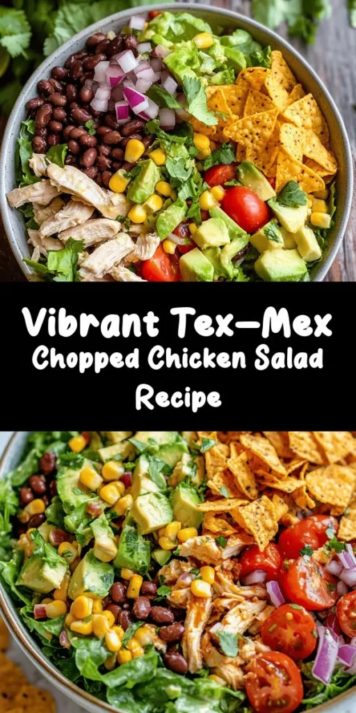 Get ready for a flavor explosion with this Tex-Mex Chopped Chicken Salad! Packed with protein from chopped chicken breast and loaded with vibrant ingredients like cherry tomatoes, sweet corn, black beans, and creamy avocado, this salad is as nutritious as it is delicious. Toss everything together with a zesty dressing and top with crunchy tortilla chips for the perfect finishing touch. Great for a quick lunch or a refreshing dinner, this salad is sure to impress!