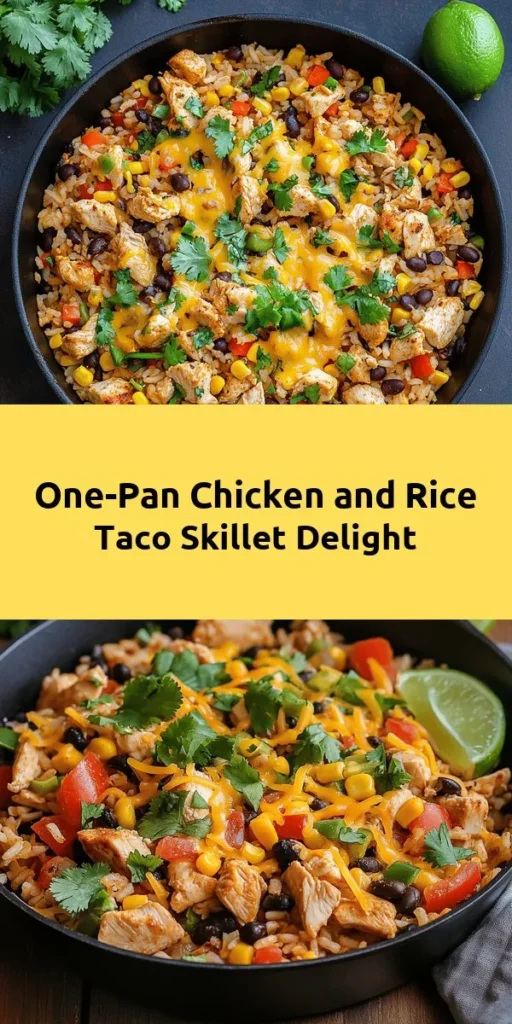 Looking for a quick and delicious weeknight dinner? Try this Chicken and Rice Taco Skillet! With juicy chicken, hearty black beans, and vibrant veggies all cooked together with rice, it's packed with flavor. Topped with melted cheese and fresh cilantro, this one-pan meal is as easy to make as it is to enjoy. Perfect for taco night or anytime you're craving comfort food. Plus, it's ready in just 40 minutes! Serve with lime wedges for a zesty finish.