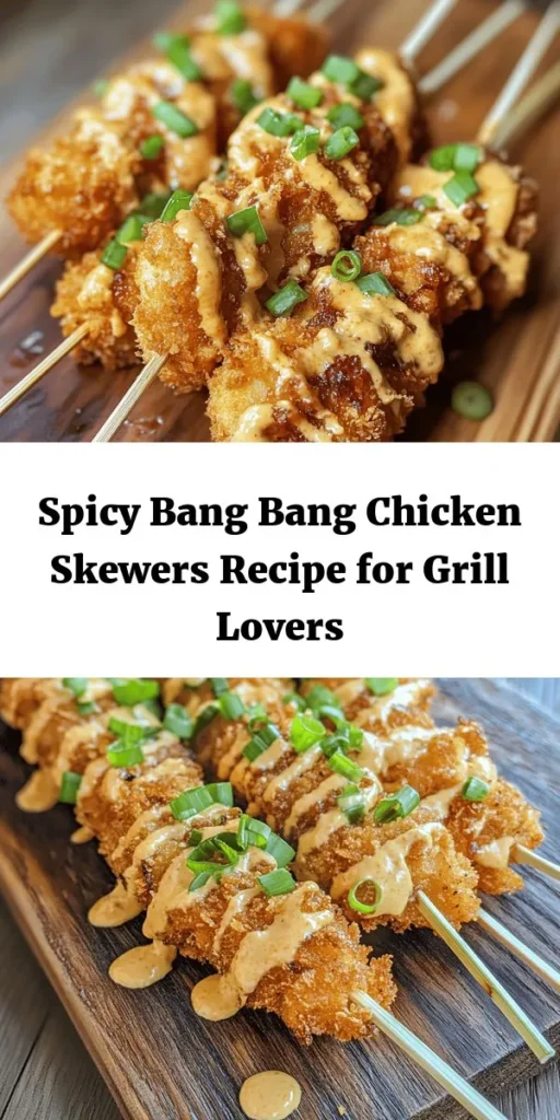 Transform your dinner with these easy and delicious Bang Bang Chicken Skewers! Perfectly marinated chicken breasts are coated in crispy panko and grilled to golden perfection. Paired with a flavorful Bang Bang sauce, these skewers offer a delightful blend of sweet and spicy. Ideal for gatherings or a simple weeknight meal, this recipe is sure to impress. Get ready to savor every bite! Enjoy with extra dipping sauce on the side.