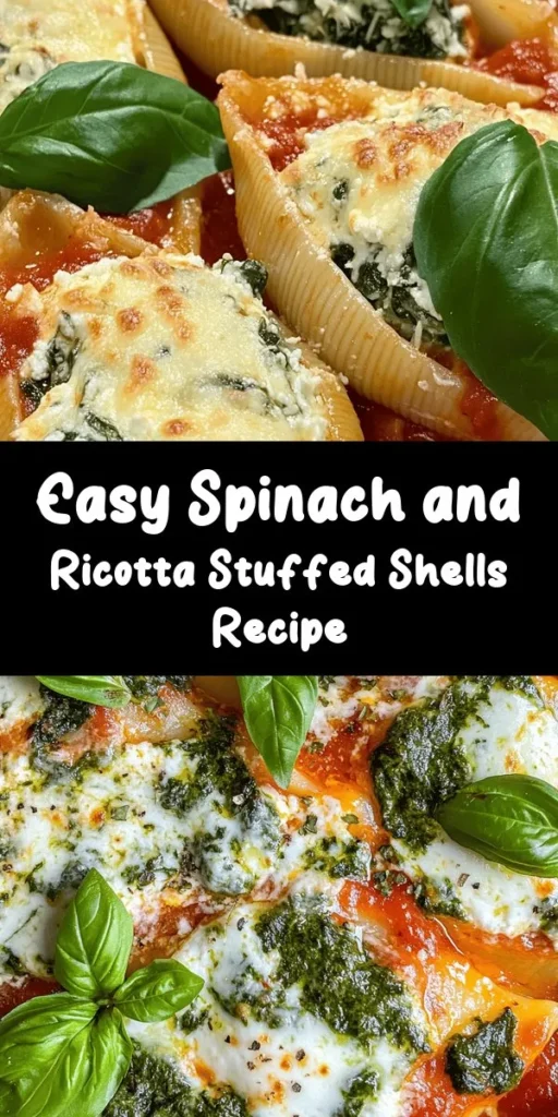 Whip up a delicious and easy Spinach and Ricotta Stuffed Shells dish that’s perfect for a cozy dinner! Filled with creamy ricotta, fresh spinach, and topped with melty mozzarella, these jumbo shells are a hit with the whole family. Simply cook the pasta, mix the filling, stuff, and bake in marinara sauce. It takes just 55 minutes to create a wholesome meal that's both comforting and nutritious. Serve it with fresh basil for a delightful touch!