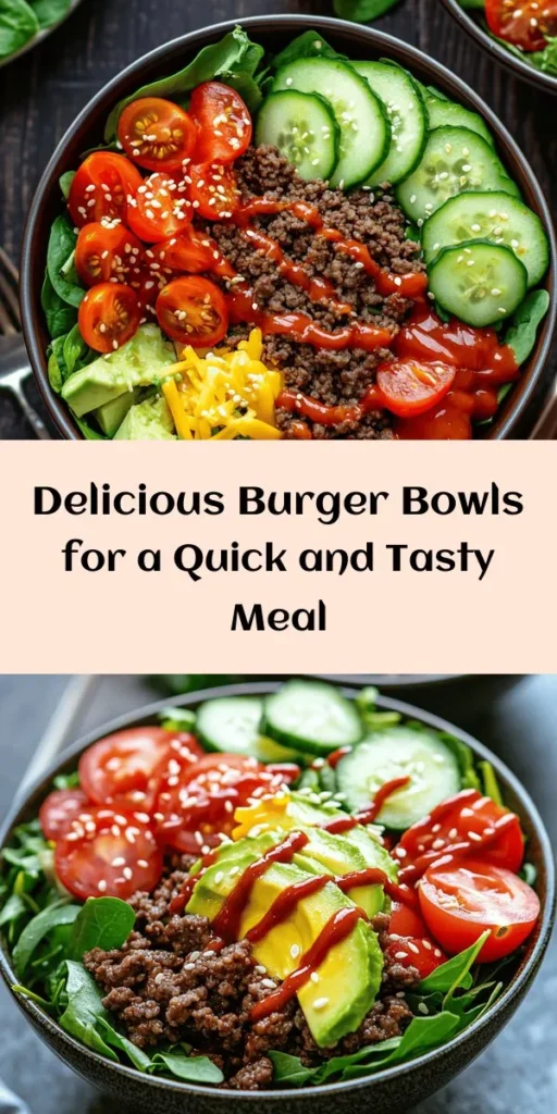 Savor the flavors of summer with these delicious Burger Bowls! This easy and customizable recipe features seasoned ground beef or turkey served over a bed of fresh greens. Topped with cherry tomatoes, cucumber, cheese, pickles, and creamy avocado, it's a satisfying meal packed with nutrition. Drizzle with ketchup and mayo for a classic touch, and add sesame seeds for extra crunch. Perfect for busy weeknights or meal prep, make these your new favorite dinner!