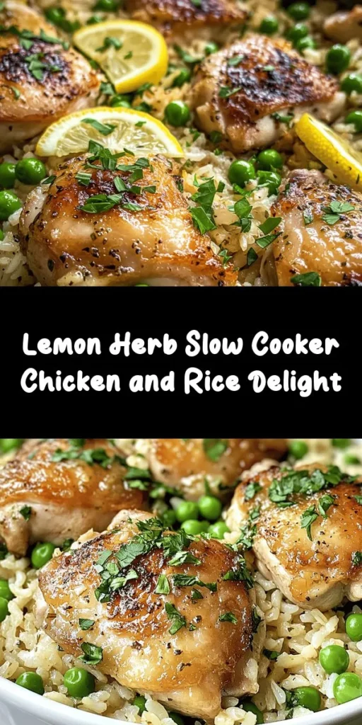 Indulge in the bright flavors of this Slow Cooker Lemon Herb Chicken and Rice! With tender boneless chicken thighs infused with lemon, fragrant herbs, and fluffy rice, this dish is a delightful one-pot meal. Simply season the chicken, combine with aromatic onion, garlic, and broth, and let the slow cooker work its magic. Perfect for busy weeknights, just add peas towards the end for a pop of color and flavor. Garnish with fresh parsley and enjoy a delicious dinner with minimal effort!