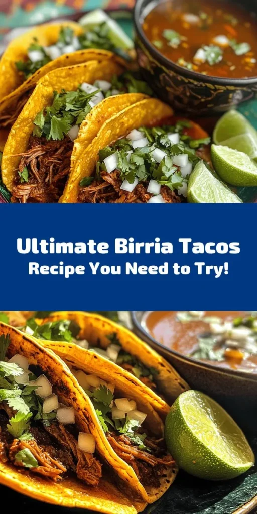 Get ready to indulge in the ultimate comfort food with my favorite Birria Tacos! Tender beef chuck roast marinated in a flavorful blend of dried chiles, garlic, and spices creates a savory filling, all wrapped in crisp corn tortillas and gooey melted cheese. Perfect for sharing, these tacos are served with fresh cilantro, onions, and zesty lime, plus a rich consommé for dipping. Ideal for gatherings or a cozy dinner at home. Try this mouthwatering recipe for a burst of flavor!
