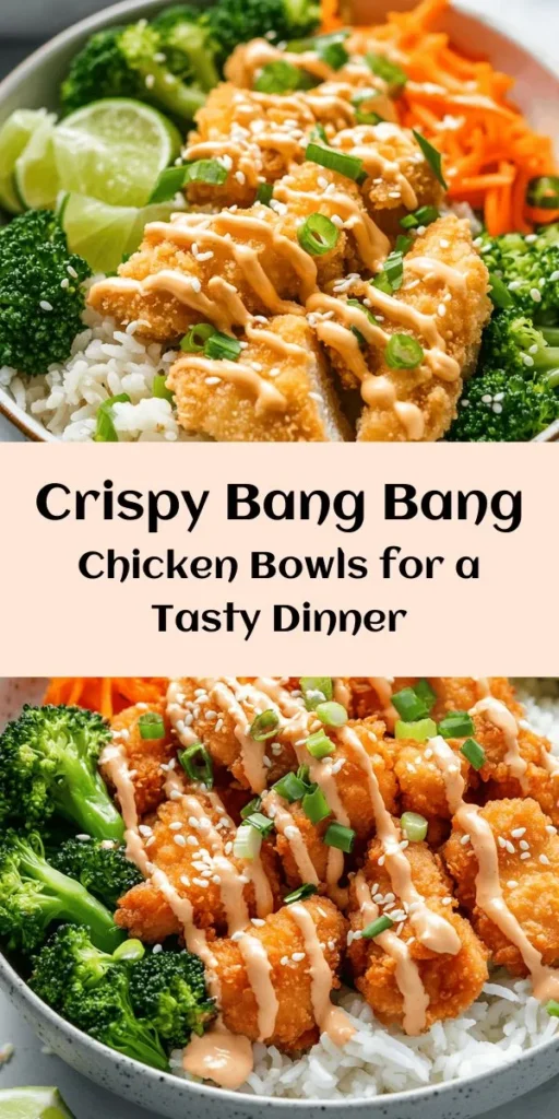 Discover the mouthwatering flavors of Bang Bang Chicken Bowls! This delicious recipe features crispy, marinated chicken coated in panko and served over a bed of fluffy jasmine or brown rice. Topped with vibrant steamed broccoli, shredded carrots, and a creamy Bang Bang sauce, these bowls are both satisfying and packed with nutrition. Perfect for a quick weeknight dinner or meal prep! Add a squeeze of lime for an extra zing. Enjoy!