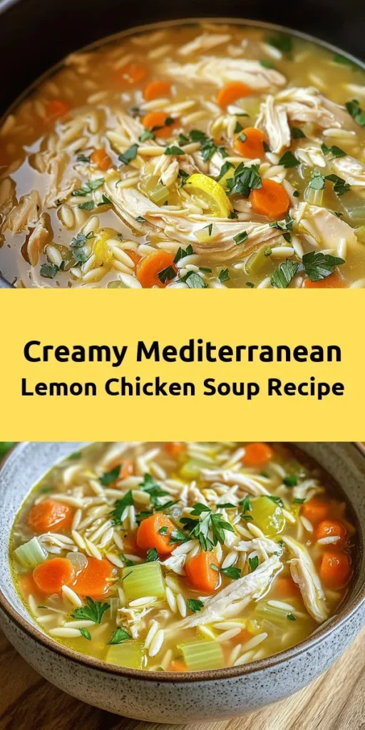 Warm up with a bowl of Mediterranean Lemon Chicken Soup, a creamy and comforting dish that's perfect for any day! Packed with tender chicken, fresh vegetables, and zesty lemon, this soup is both delicious and easy to make. Just sauté veggies, cook the chicken, toss in orzo, and finish with a splash of cream and fresh herbs. It's a delightful blend of flavors that will brighten your meal! Enjoy this heartwarming recipe that serves 6 and is ready in just 45 minutes.