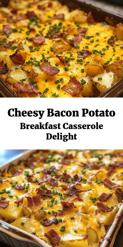 Start your day with this delicious Cheesy Bacon Potato Breakfast Casserole! Packed with diced potatoes, crispy bacon, and melted cheddar cheese, this dish is the ultimate comfort food for breakfast lovers. With just a few simple steps, you can whip up a savory casserole that's perfect for feeding a crowd or enjoying as leftovers. Top it off with fresh chives for a pop of color. Perfect for brunch or any hearty morning meal!