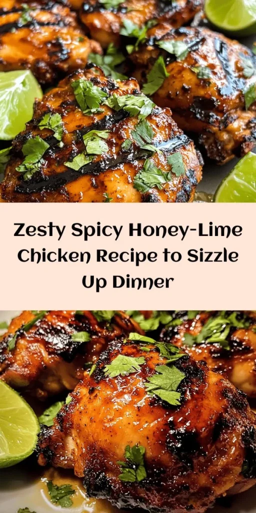 Try this mouthwatering Spicy Honey-Lime Chicken recipe for a flavorful dinner! Juicy chicken thighs are marinated in a zesty blend of honey, fresh lime juice, garlic, and spices. Perfect for grilling, this dish is easy to make and packs a spicy punch balanced by sweetness. Serve it up with a garnish of fresh cilantro and lime wedges for an irresistible meal. Ideal for weeknight dinners or weekend get-togethers, this recipe serves four and is sure to impress!