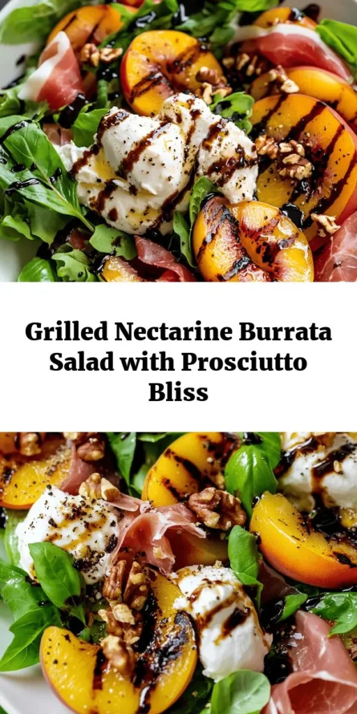 Elevate your salad game with this Grilled Nectarine Burrata Prosciutto Salad! This fresh and vibrant dish combines sweet grilled nectarines, creamy burrata, and savory prosciutto, all nestled on a bed of leafy greens. Drizzled with balsamic glaze and finished with fresh basil, it’s the perfect balance of flavors and textures. Ideal for a summer gathering or a light dinner, this salad is quick to prepare and sure to impress! Enjoy every bite!