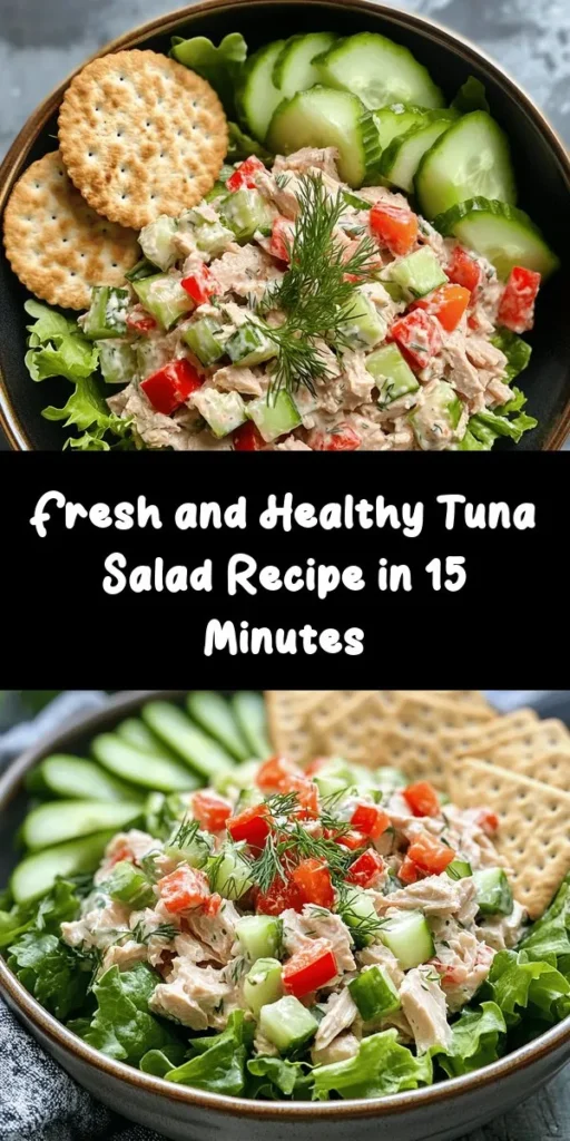 Looking for a quick and healthy meal? Try this Savory & Fresh Tuna Salad! Made with canned tuna, Greek yogurt, and a mix of crunchy veggies, it's packed with flavor and nutrients. Perfect for a light lunch or a refreshing snack, you can serve it on a bed of mixed greens or pair it with whole grain crackers or bread. With just 15 minutes of prep time, this recipe makes meal prep a breeze. Enjoy a delicious dish that’s both satisfying and nutritious!