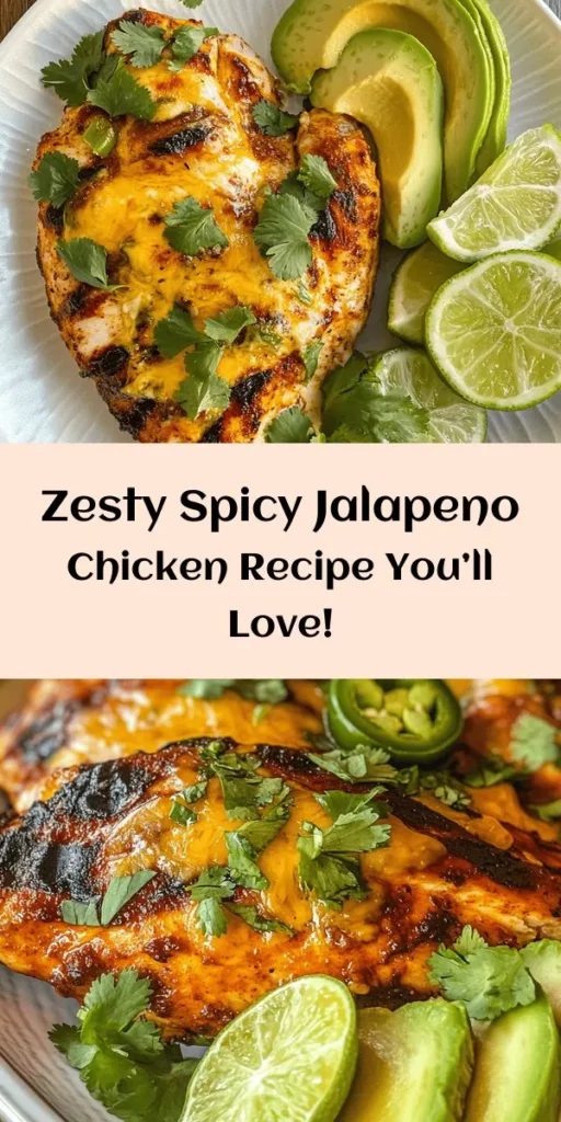 Get ready to spice up your dinner with this delicious Spicy Jalapeno Chicken! Perfectly marinated in a zesty blend of jalapenos, garlic, and spices, this dish is packed with flavor. Simple to make, just grill or pan-cook your chicken, sprinkle with melted cheese, and top with fresh cilantro. Serve it alongside creamy avocado and lime wedges for a delightful meal. Ideal for weeknight dinners or entertaining guests. Enjoy with rice or in tortillas!