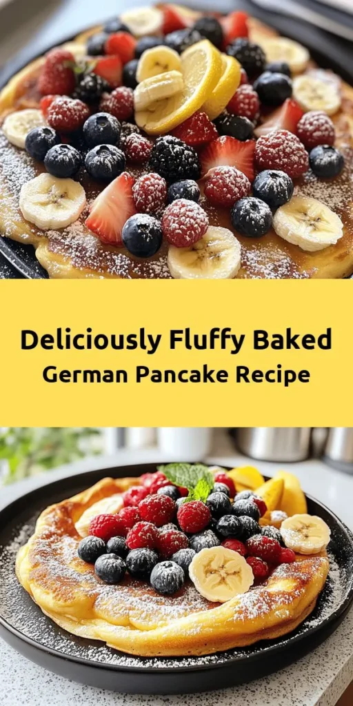 Indulge in a delightful breakfast with this fluffy baked German pancake recipe! Perfectly golden brown and simple to make, this dish requires just a few pantry staples like flour, eggs, and milk. Bake it up in a hot skillet for a fluffy treat that puffs beautifully in the oven. Top with powdered sugar and fresh fruits like berries or bananas for a delicious finish. Quick to prepare and great for sharing, this pancake will become a family favorite!