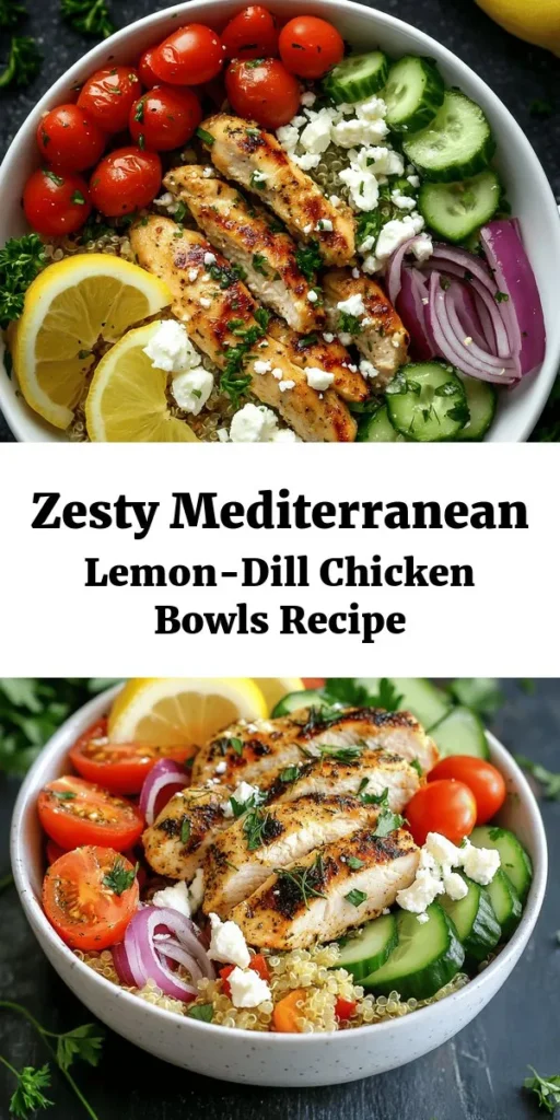 Try this delicious Mediterranean-Inspired Lemon-Dill Chicken Bowl for a fresh and flavorful meal! Marinated chicken breasts are perfectly paired with fluffy quinoa, crisp veggies, and creamy feta. This healthy dish is not only easy to make but also packed with vibrant flavors. Perfect for meal prep or a family dinner, it's sure to impress. Serve with lemon wedges for that extra zing! Enjoy a taste of the Mediterranean in your own home! 🍋🌿