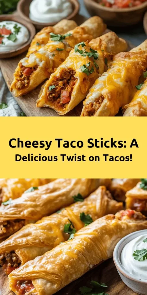 Get ready to savor every bite of these Cheesy Taco Sticks Delight! Perfect for game day or a fun family dinner, these crispy, cheesy delights are easy to make with just pizza dough filled with seasoned ground beef, beans, cheese, and fresh toppings. Bake until golden and serve with sour cream and salsa for a delicious snack everyone will love. Quick prep and a total time of just 35 minutes make this recipe a must-try!