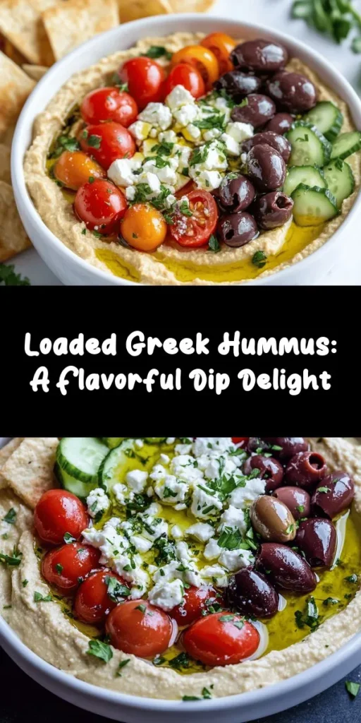 Whip up this delicious Greek Style Loaded Hummus in just 10 minutes! Perfect as a dip or appetizer, it combines creamy chickpeas with tahini, garlic, and fresh lemon for a flavorful base. Topped with Greek yogurt, cherry tomatoes, cucumbers, olives, and feta, this dish is bursting with Mediterranean flair. Serve it with pita chips or fresh pita for a delightful snack. Easy, fresh, and irresistibly tasty – your guests will love this one!