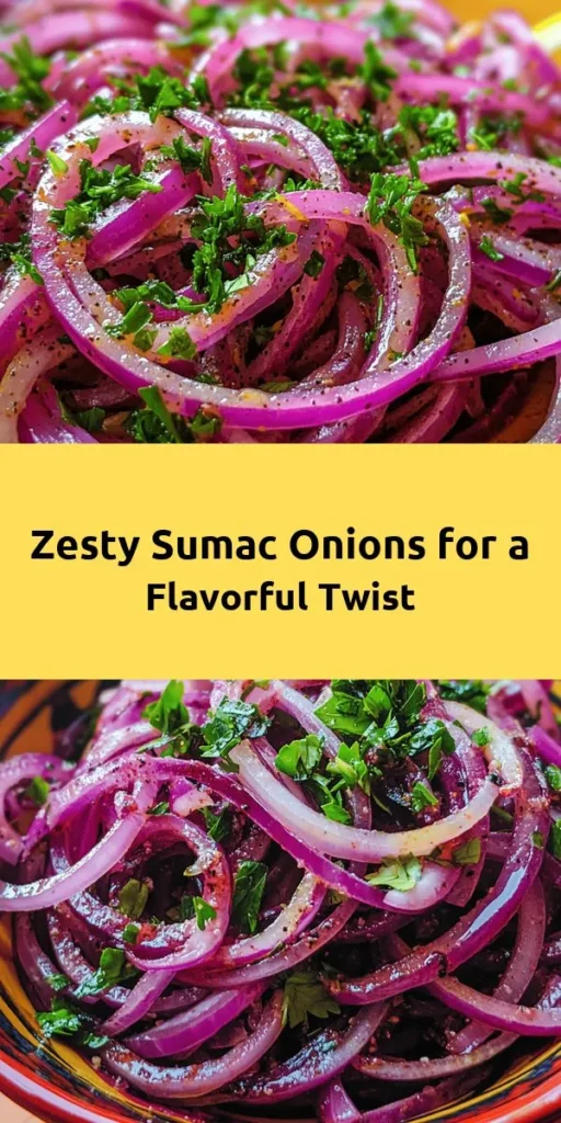 Elevate your meals with these zesty sumac onions! This simple recipe combines thinly sliced red onions with olive oil, sea salt, and a tangy kick from sumac spice. A splash of fresh lemon juice adds brightness, making it a perfect accompaniment to grilled meats, salads, or sandwiches. After marinating for at least 30 minutes, these onions burst with flavor. Garnish with parsley for a fresh finish. Quick to prepare and delicious, it's a must-try!