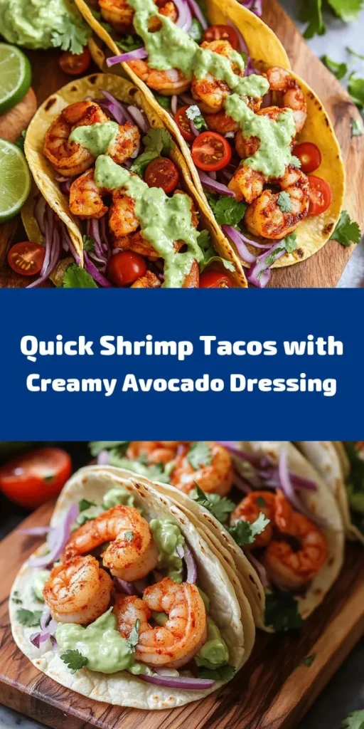 Looking for a quick and tasty dinner idea? Try these shrimp tacos topped with a creamy avocado lime dressing! With juicy shrimp seasoned with chili powder, fresh cabbage, cherry tomatoes, and red onion, these tacos are bursting with flavor. Ready in just 20 minutes, they're perfect for busy nights. Serve with a garnish of cilantro for a fresh touch. Make your weeknight meals enjoyable and effortless with this delicious recipe!