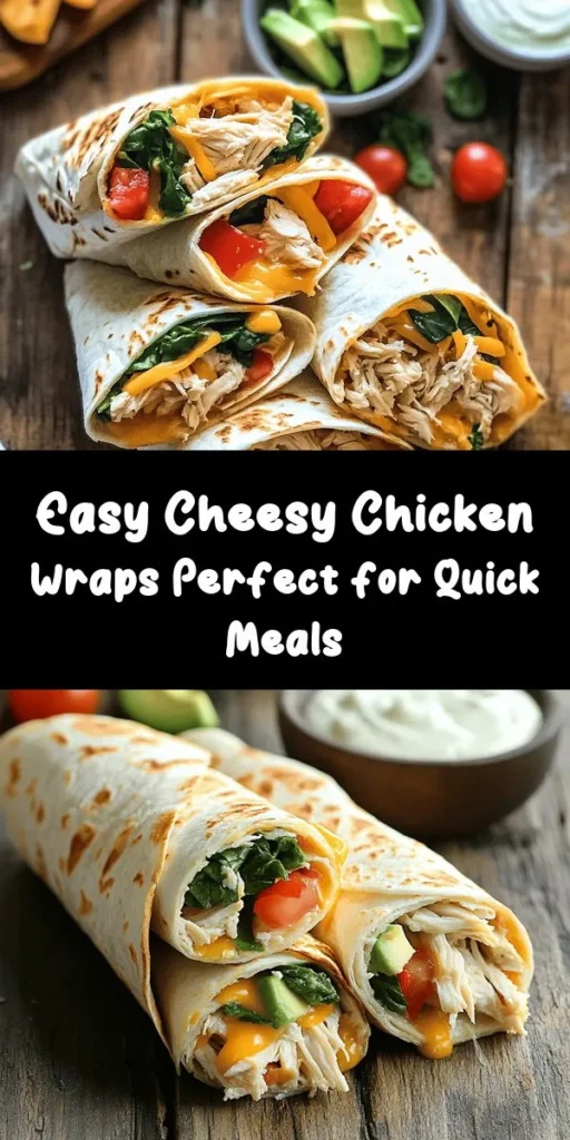 Get ready for a deliciously simple meal with these Easy Cheesy Chicken Wraps! Packed with shredded chicken, cheddar cheese, and fresh spinach, these wraps are perfect for a quick lunch or dinner. Customize them with your favorite toppings like avocados or jalapeños for an extra kick. With just 10 minutes prep and 20 minutes total time, you’ll have flavorful wraps that are sure to please the whole family. Dive in and enjoy!