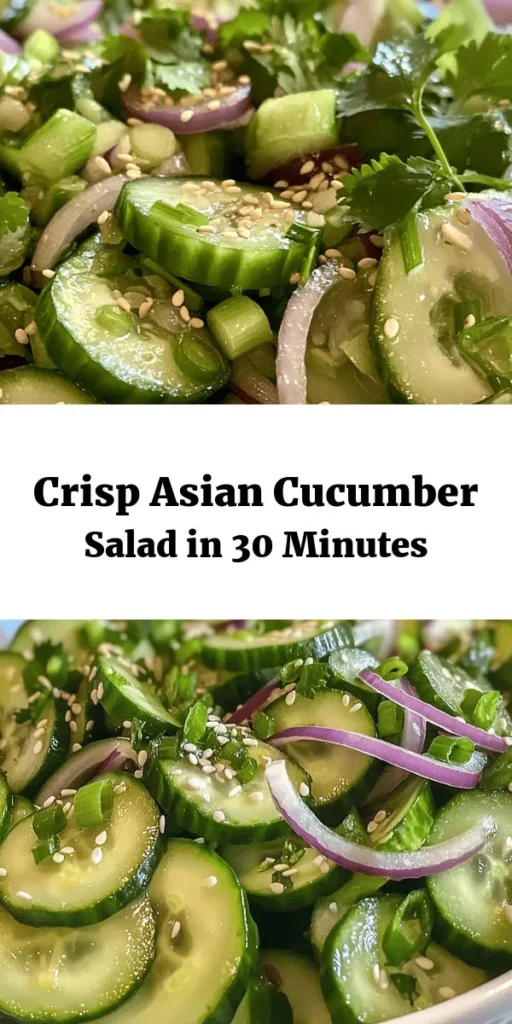 Discover the perfect summer side dish with this Crisp & Zesty Asian Cucumber Salad! Made with fresh cucumbers, red onions, and a flavorful dressing of rice vinegar, soy sauce, and sesame oil, this salad is quick and refreshing. Toss it all together and let it chill for a delightful combination of zing and crunch. Garnish with sesame seeds and cilantro for an added touch. Perfect for barbecues or as a light snack! Enjoy in just 30 minutes!