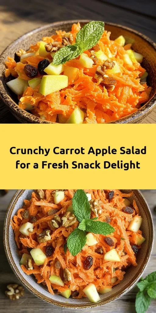 Bring a burst of freshness to your table with this Crunchy Carrot Apple Delight! This delightful salad combines grated carrots, crisp diced apples, and a medley of nuts and dried fruits, all dressed in creamy Greek yogurt with a hint of honey and cinnamon. It's perfect as a side dish or a light snack. Plus, it’s quick to prepare and can be chilled for extra flavor. Dive into this refreshing recipe today for a healthy treat!