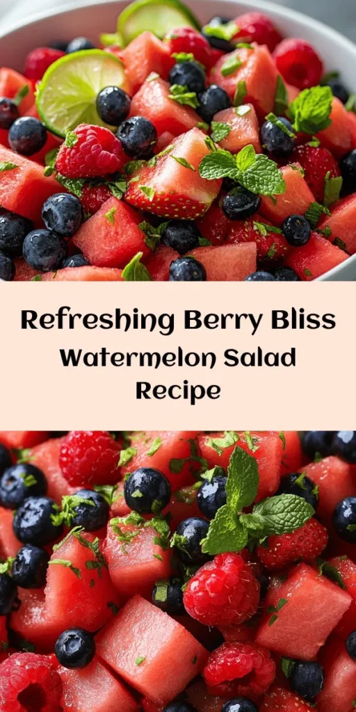 Cool off this summer with our Berry Bliss Watermelon Salad! Bursting with juicy watermelon, strawberries, blueberries, and raspberries, this vibrant dish is perfectly complemented by a zesty lime dressing made with fresh lime juice, honey, and mint. It’s an easy, refreshing treat that takes just 15 minutes to prep and is perfect for gatherings or a light snack. Enjoy the deliciousness chilled for the ultimate summer experience!