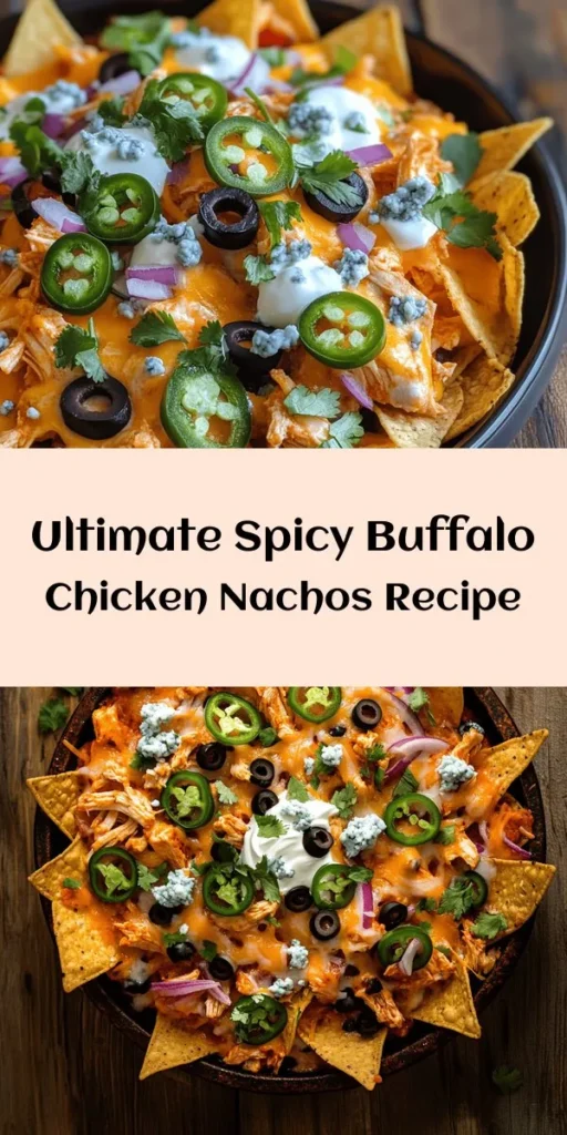 Get ready to spice up your snacking game with these Spicy Buffalo Chicken Nachos! Loaded with tender shredded chicken coated in zesty buffalo sauce, melted cheddar, and tangy blue cheese, these nachos are perfect for game day or a cozy night in. Top them off with fresh olives, diced onions, and jalapeños for an extra kick. Bake until bubbly, then garnish with sour cream, cilantro, and green onions. Dive into this deliciousness today!