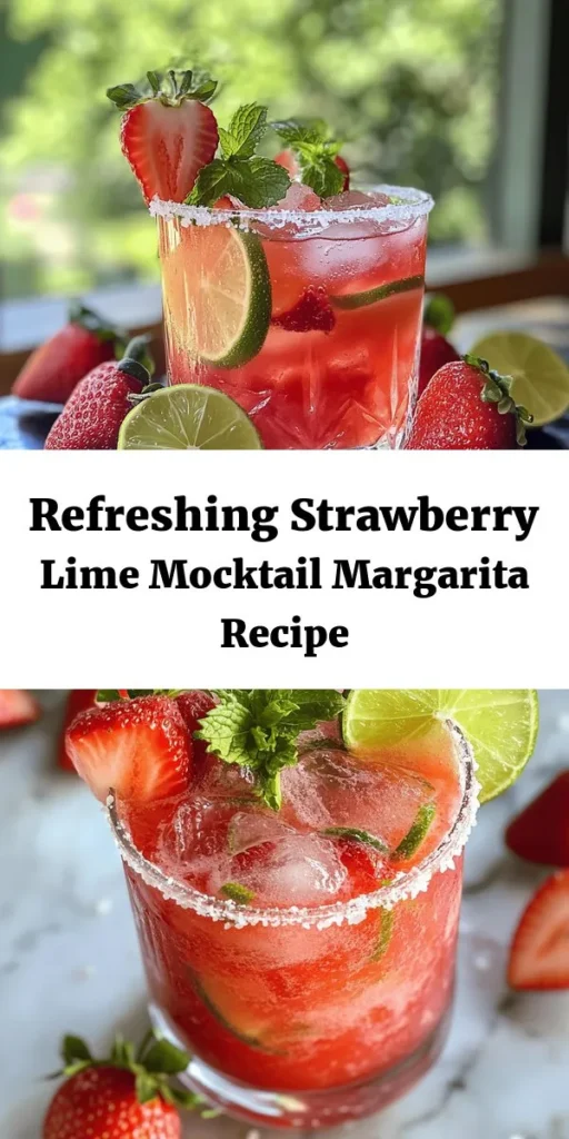 Beat the heat with this refreshing Strawberry Lime Mocktail Margarita! Perfect for any occasion, this delightful drink blends fresh strawberries and zesty lime juice for a burst of flavor. With just 10 minutes of prep, you can create a thirst-quenching treat that's great for both kids and adults. Garnish with mint leaves and enjoy the fizz from sparkling water. Rimming the glasses with salt or sugar adds a special touch! Cheers to summer sips!