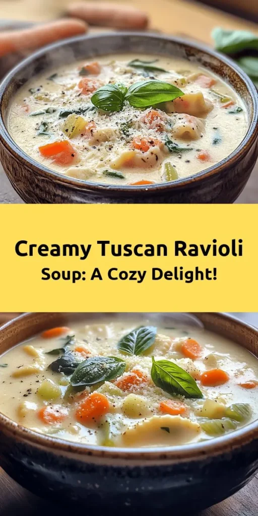 Warm up your evening with this creamy Tuscan ravioli soup! This hearty dish is bursting with flavor from sautéed veggies, fragrant herbs, and fresh cheese ravioli. It comes together in just 30 minutes, making it perfect for a cozy weeknight dinner. With a touch of heavy cream and baby spinach, every spoonful is comforting. Garnished with fresh basil and Parmesan, this delightful soup is sure to impress your family and friends. Enjoy!