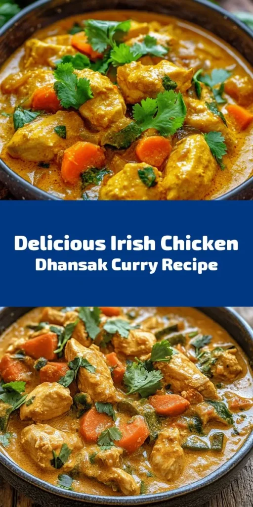 Discover the perfect blend of Irish and Indian flavors with this hearty Chicken Dhansak Curry! Made with tender chicken thighs, aromatic spices, and creamy coconut milk, this dish is a comforting delight. Lentils and colorful veggies add depth and nutrition, making it a complete meal. Serve it warm with lime wedges for a zesty kick. Ideal for family dinners or meal prepping, this recipe is sure to impress your taste buds! Enjoy a taste of comfort today!