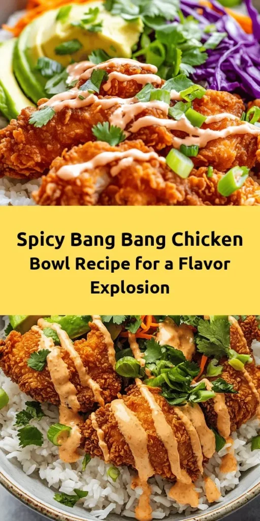 Elevate your meal with this mouthwatering Bang Bang Chicken Bowl! Tender, crispy chicken thighs coated in panko are served on a bed of fluffy jasmine rice and topped with fresh veggies like cabbage, carrots, and avocado. Drizzle with a creamy Bang Bang sauce made from mayonnaise, sweet chili, sriracha, and lime for an irresistible flavor boost. Perfect for a quick dinner or meal prep, this fun, colorful bowl is sure to impress your taste buds!