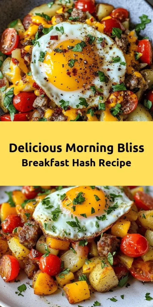 Start your day off right with this delicious Morning Bliss Breakfast Hash! Made with hearty diced potatoes, colorful bell peppers, and savory sausage, this dish is packed with flavor and nutrition. Topped with perfectly fried eggs and melted cheddar cheese, it's a satisfying breakfast for any morning. Quick to prepare in just 35 minutes, it's perfect for busy weekdays or leisurely weekends. Garnish with fresh herbs for a delightful finish!