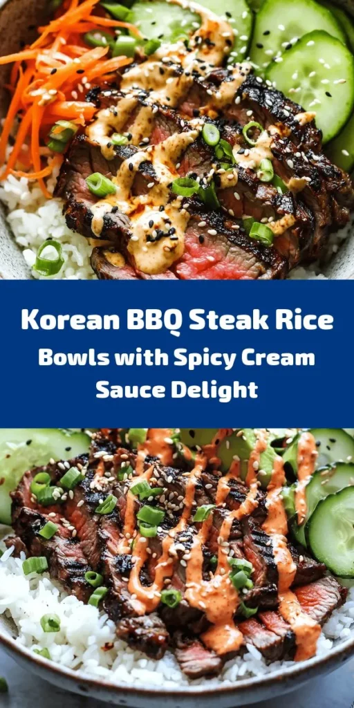 Elevate your dinner game with these mouthwatering Korean BBQ Steak Rice Bowls topped with a zesty spicy cream sauce! Perfectly marinated steak grilled to perfection is served on a bed of fluffy jasmine rice alongside fresh veggies like carrots, cucumber, and creamy avocado. Drizzle on a unique spicy mayo sauce for an explosion of flavor that will have everyone asking for seconds. Quick to make and packed with bold flavors, these bowls are a winner for any weeknight meal!
