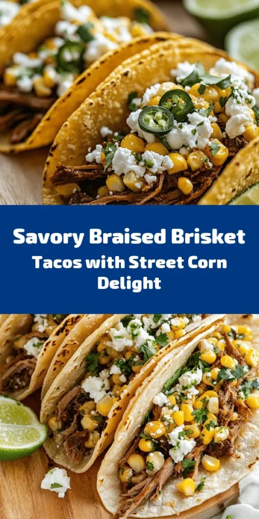 Indulge in these mouthwatering Braised Brisket Tacos topped with zesty Street Corn and creamy Jalapeño Lime Ranch. Perfect for gatherings, this recipe features tender brisket slow-cooked in flavorful spices, complemented by fresh corn mixed with feta and lime. Each taco is a delicious blend of textures and flavors, topped with a kick of ranch. Easy to prepare and serve, these tacos are sure to impress at your next meal or fiesta!