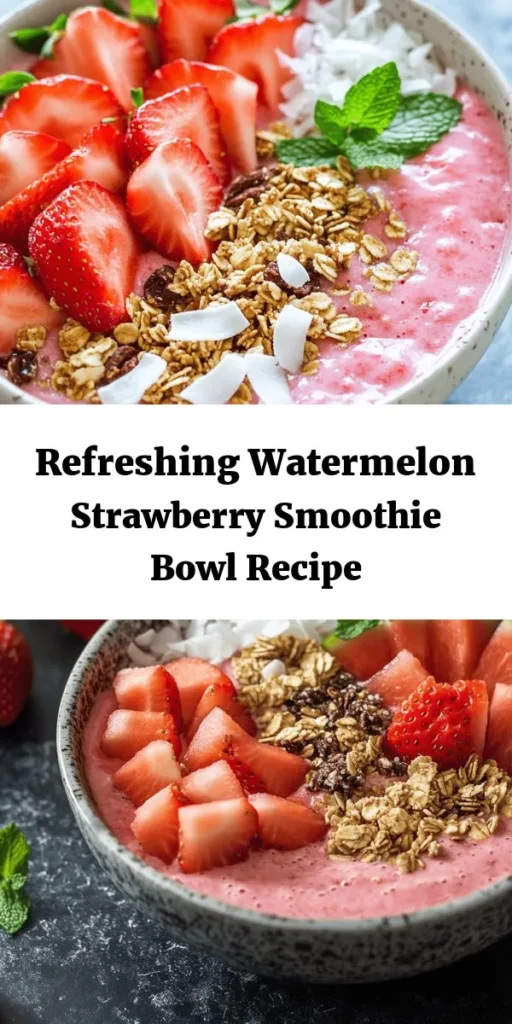 Treat yourself to a deliciously refreshing Watermelon and Strawberry Smoothie Bowl! This vibrant and healthy dish features a blend of frozen watermelon, strawberries, and banana, harmonized with creamy coconut milk. Top it off with fresh fruits, granola, shredded coconut, and mint for the ultimate breakfast or snack. Ready in just 10 minutes, it’s a perfect way to start your day or cool off in the afternoon! Give it a try and enjoy a burst of fruity goodness!