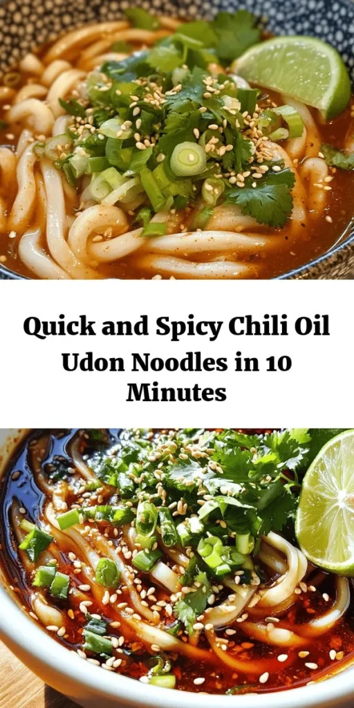 Satisfy your cravings in just 10 minutes with these delicious chili oil udon noodles! Perfectly cooked fresh udon noodles are tossed in a spicy and fragrant mixture of chili oil, garlic, soy sauce, and more. Topped with vibrant scallions, optional cilantro, and toasted sesame seeds, this dish is bursting with flavor. Serve with a squeeze of fresh lime for an extra zing! Quick, easy, and incredibly tasty – it’s a perfect meal for busy days.